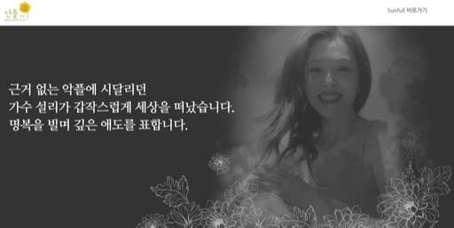 선플운동본부가 만든 가수 설리의 선플 사이트 모습. 설리의 명복을 비는 추모와 위로의 선플, 선한 댓글을 달 수 있다.