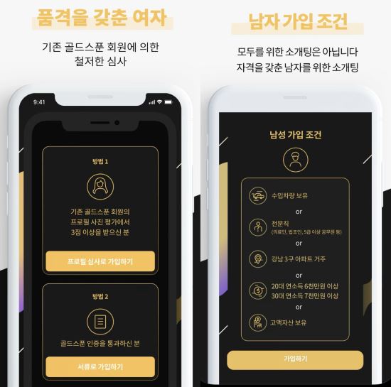 소개팅 앱 '골드스푼' 가입기준. 어플 소개 화면 캡처
