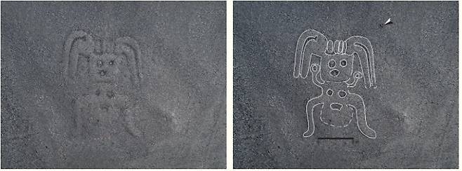 2천년 전 페루 나스카인들의 땅그림. 사람 형상이다. 오른쪽은 윤곽선을 표시한 가공사진. 야마가타대 제공