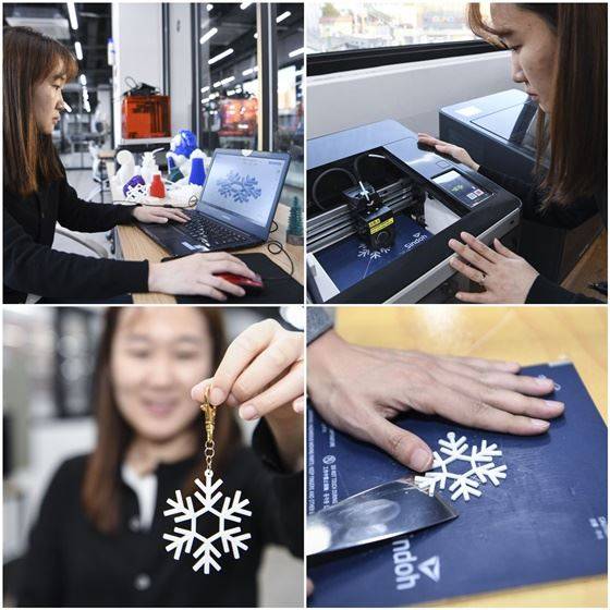 20일 오후 서울 용산구 용산전자상가 디지털대장간에서 3D프린터로 눈꽃 모양 열쇠고리를 만들었다. (왼쪽 위부터 시계방향) 눈꽃 모양을 직접 그리는 모델링 작업을 한 후 신도리코 3D프린터(3D WOX)로 출력했다. 출력물을 판에서 조심스럽게 떼어내는 작업을 거쳐 고리를 달아 완성했다. 이한호 기자