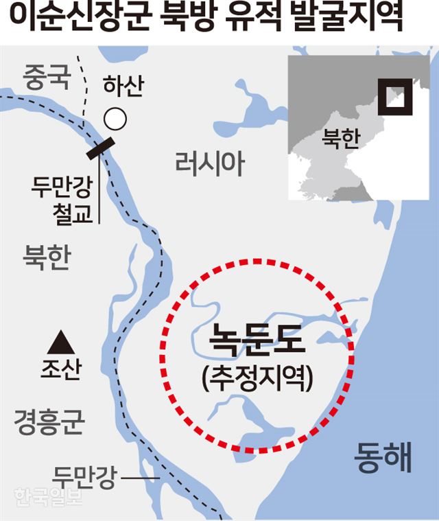 이순신장군 북방 유적 발굴지역. 그래픽=송정근 기자