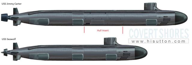 미국 해군이 총 3대를 운용하고 있는 시울프(Seawolf)급 잠수함. 특히 3번함 'USS 지미 카터'(위)는 특수 작전을 위해 다른 2대보다 선체가 30m 정도 연장된 개조 버전이다. H.I.서튼 닷컴 캡처