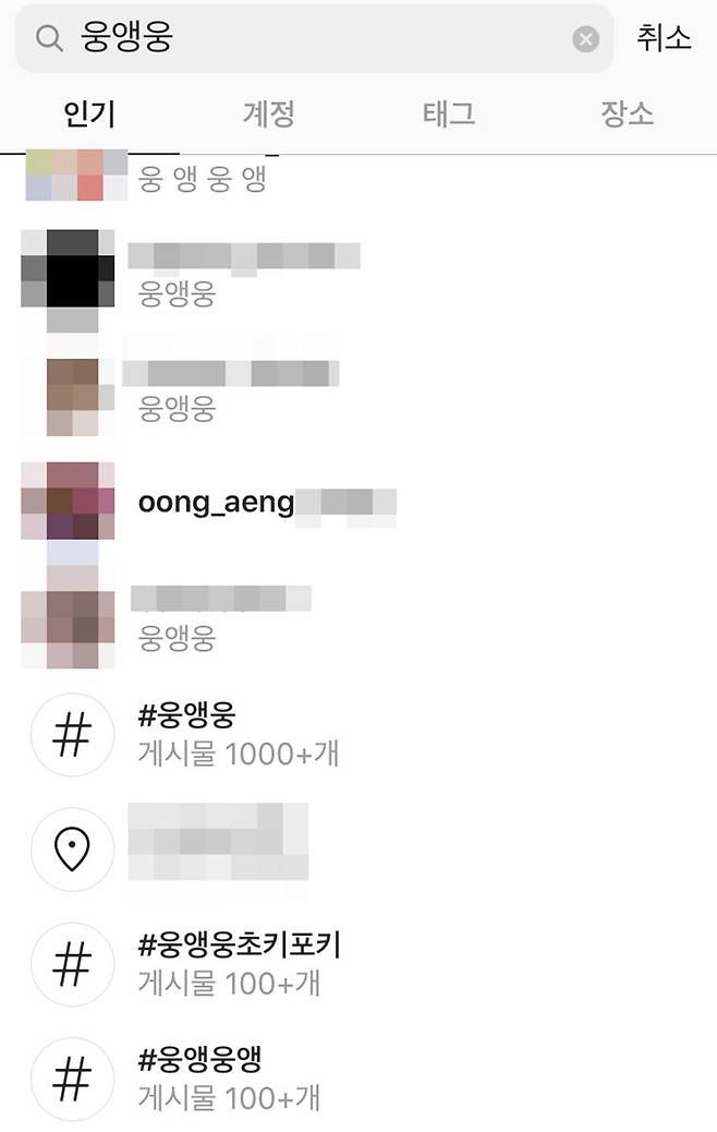 ▲ 인스타그램에서도 자주 쓰이는 해시태그인 웅앵웅. 출처ㅣ인스타그램