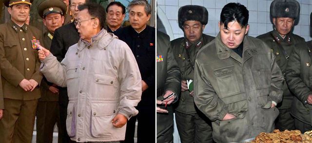 김정일 전 북한 국방위원장이 즐겨 입은 점퍼 스타일의 외투(왼쪽)와 김정은 국무위원장이 권력 승계 초기 자주 입고 나온 점퍼가 비슷하다. 조선중앙통신 연합뉴스
