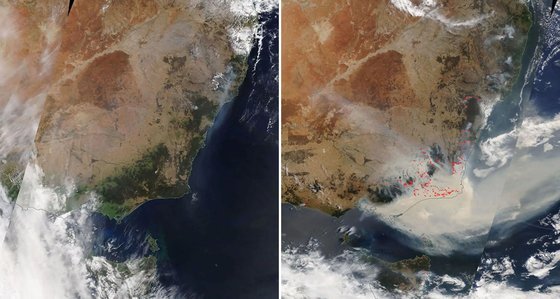 호주 산불이 발생하기 2년 전인 2010년 1월 12일 위성사진(왼쪽)과 화재가 진행 중인 2020년 1월 4일 위성사진. [사진 NASA]