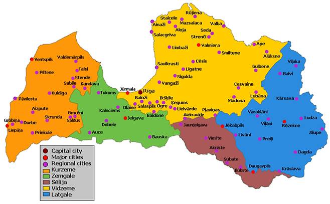 라트비아의 역사에 등장하는 지역. 오렌지색은 쿠를란트(Courland), 녹색은 세미갈리아(Semigallia) 혹은 젬갈레(Zemgale), 노란색은 비제메(Vidzeme), 청색은 라트갈레(Latgale)이다. 사진=Wikipedia