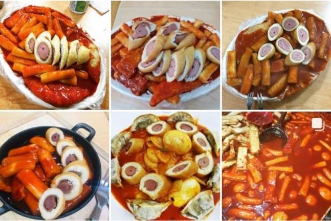 SNS(사회연결망서비스) 인스타그램에 게시된 배달 떡볶이에 설탕을 뿌린 핫도그를 토핑으로 얹어 함께 먹는 사진 /사진=SNS인스타그램