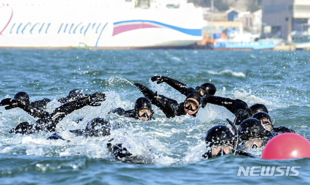 [목포=뉴시스]박상수 기자 = 20일 혹한기 훈련에 나선 해군3함대 8구조작전중대 해난구조대원(SSU)들이 목포 군항부두 해상에서 핀 마스크 수영을 하고 있다. (사진=3함대 제공) 2020.01.20. photo@newsis.com