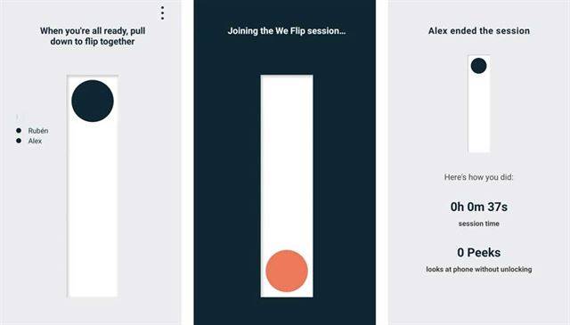 구글의 디지털 웰빙 앱인 위 플립(We Flip). 이 앱에 참여한 참가자들이 다 같이 검은 원을 아래로 내리면 게임이 시작되고(왼쪽 사진), 이후 스마트폰을 사용하기 위해선 주황색 원을 올려야 잠금 해제를 해야한다(가운데 사진). 한 명이라도 잠금 해제를 할 경우 게임이 멈추고 누가 잠금 해제를 했는지, 얼마나 버텼는지 표시가 된다(오른쪽 사진). 구글 제공