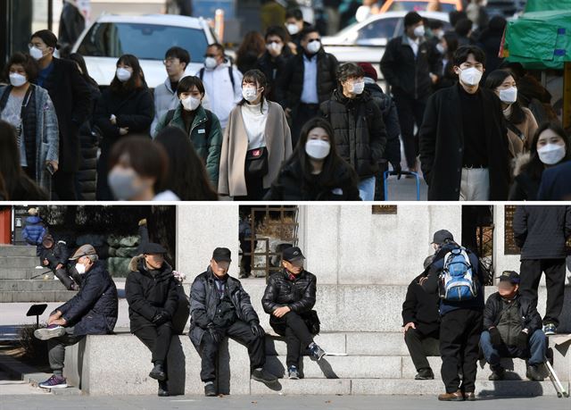 3일 오후 서울 마포구 홍대입구역 부근에서 젊은이들 대다수가 마스크를 쓰고 거리를 걷고 있는 데 반해(위 사진) 이날 종로구 탑골공원에 나온 노인들은 대부분 마스크를 착용하지 않고 담소를 나누고 있다. 홍인기 기자
