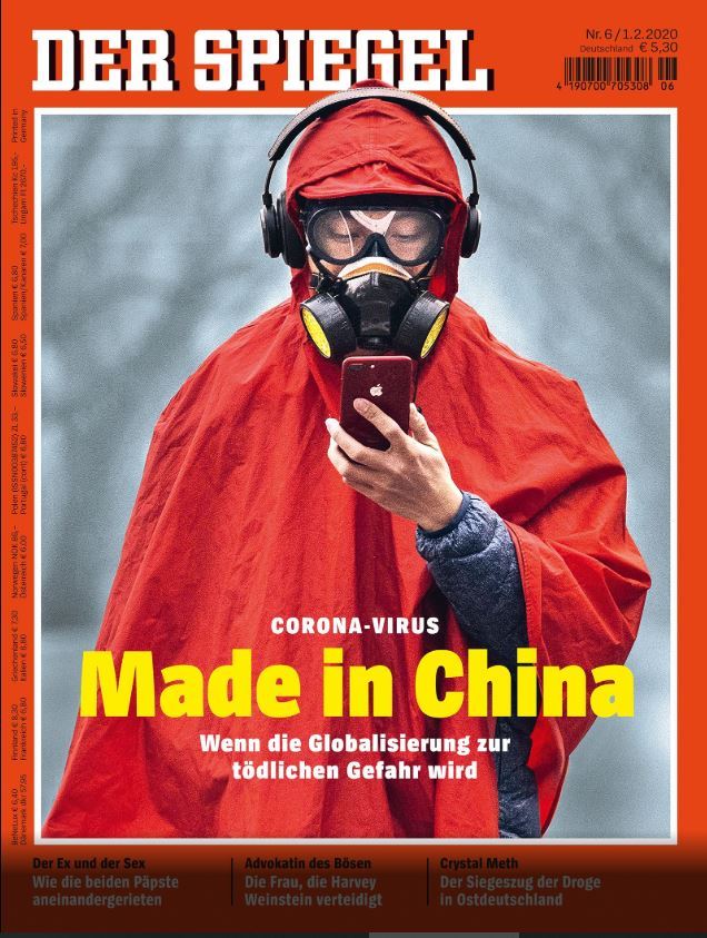 중국을 상징하는 붉은색 방호복을 입은 사람 아래 '코로나바이러스는 메이드 인 차이나'라고 표시한 독일 주간지 슈피겔의 2월호 표지. 슈피겔 홈페이지 캡처