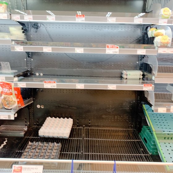 21일 대구 중구 남산동 한 수퍼마켓 계란 진열대가 텅텅 빈 모습이다. [사진 독자]