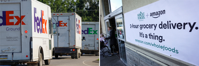 대형 물류회사 페덱스의 배송 트럭(왼쪽)과 아마존이 최근 개시한 2시간 신선식품 배달 서비스를 안내하는 표지판. [AP=뉴시스]