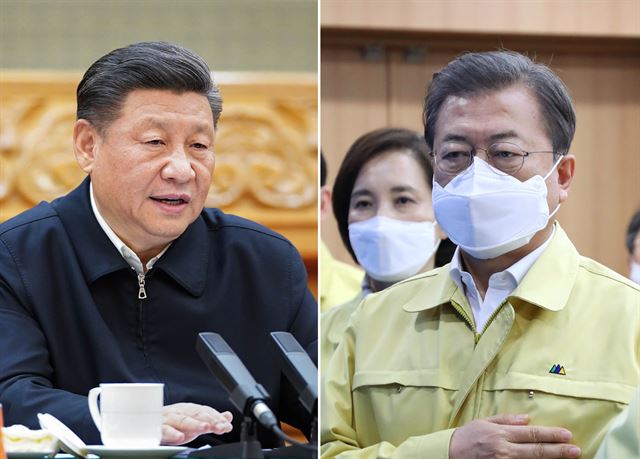 시진핑 중국 주석(왼쪽)이 23일 베이징에서 열린 코로나19 예방 및 통제 관련 회의에 마스크를 착용하지 않은 채 참석해 있다. 오른쪽은 25일 마스크를 쓰고 대구를 방문한 문재인 대통령. 신화뉴시스ㆍ청와대사진기자단