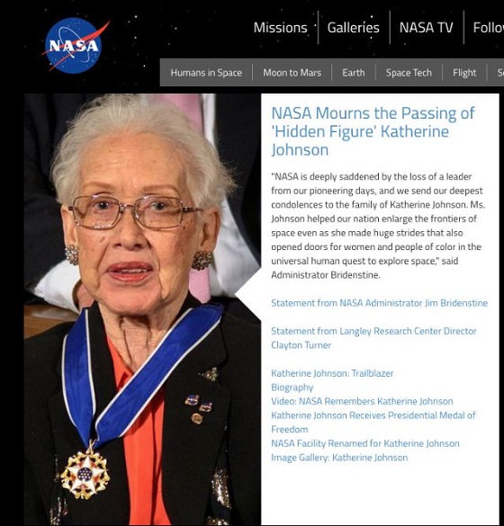 NASA는 홈페이지를 통해 우주 영웅 캐서린 존슨의 죽음을 애도했다/사진=NASA
