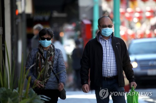 마스크를 착용한 채 샌프란시스코 시내 거리를 걷는 시민들 [AFP=연합뉴스]