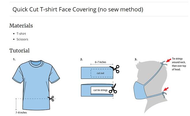 티셔츠를 잘라 마스크를 만드는 방법 <미국 질병통제예방센터(CDC) 웹사이트 갈무리 >
