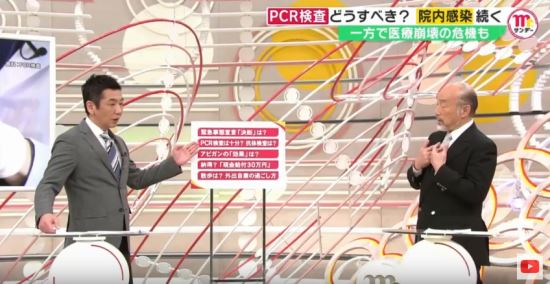 진행자 미야네 세이지(왼쪽) 쇼와대학 감염증 전문의 니키 요시히토(오른쪽). 후지TV 미스터 선데이 유튜브 캡처