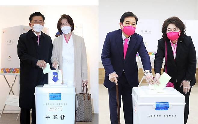 제21대 국회의원선거 서울 종로에 출마한 미래통합당 황교안 후보가 15일 서울 종로구 동성고등학교에 설치된 혜화동 제3투표소에서 부인 최지영 씨와 함께 투표하고 있다. 왼쪽은 이날 오전 경기도 안양시 호계3동주민센터에 마련된 투표소에서 안양동안을에 출마한 미래통합당 심재철 후보 부부의 투표 모습 (사진=연합뉴스)