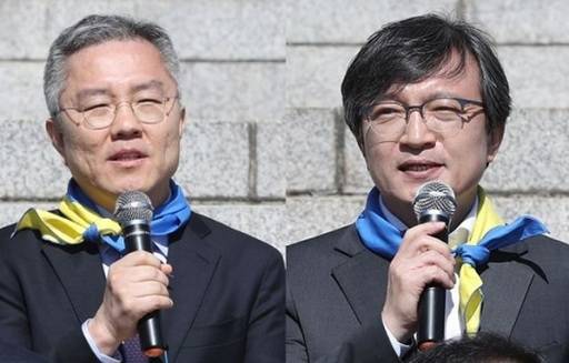 열린민주당 비례대표 의원 순번 2위인 최강욱 후보(왼쪽)와 4위인 김의겸 후보. 뉴시스