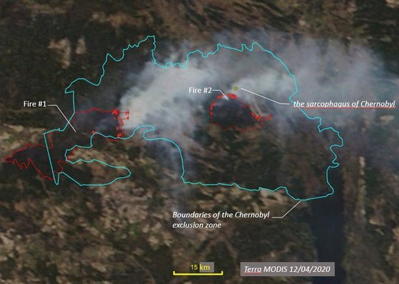 2020년 4월 체르노빌 원전 제한구역 인근 화재로 소실된 면적(빨간색). [그린피스 러시아 사무소]