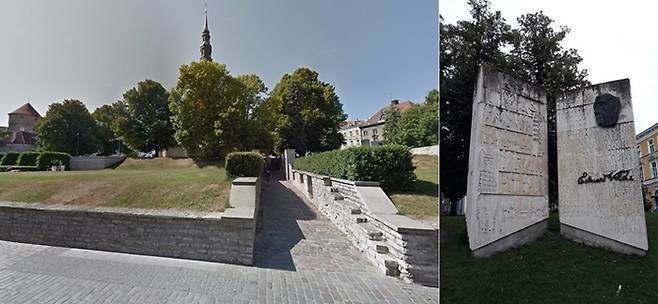 성 니콜라스 교회의 서쪽 끝에서 거리로 내려가는 통로에 넬라시르마 성문이 있다(좌), 그 오른쪽으로 에두아르드 빌데의 기념비가 서있다(우). 좌 사진=Google지도