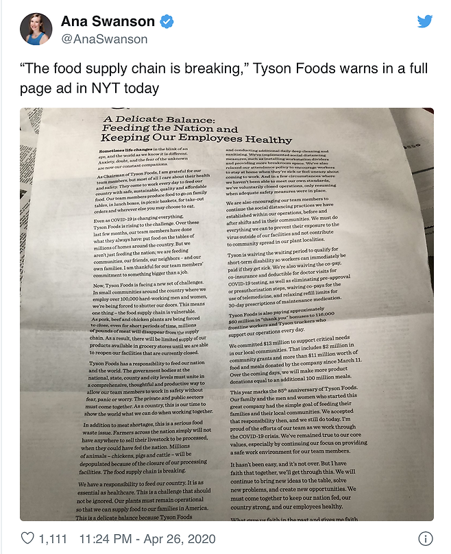 타이슨푸드가 지난 26일 뉴욕타임스 지면에 식품 공급망의 붕괴를 우려하는 광고를 게재했다. /사진=트위터 캡처.