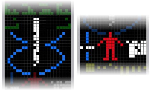 (사진 왼쪽) DNA의 뉴클레오타이드의 수와 DNA 이중나선 구조의 모양.(사진 오른쪽)인간의 형체, 평균적 남성의 크기(물리적 신장), 지구의 인간 개체수. 가운데 버티고 있는 형체는 인간의 모습을 의미한다. 왼쪽에 있는 것은 성인 남성의 평균 신장 1764 mm를 의미한다. 오른쪽의 그림은 1974년 당시 인간 개체수인 43억 명을 의미한다. 왼쪽의 파란 수직 막대는 사람의 키를 표시하는 지시선이고, 그 사이의 하얀색 선이 사람의 키를 나타내는 이진수다. 표시점이 왼쪽에 있으니까, 오른쪽에서부터 왼쪽으로 읽으면 된다. 오른쪽의 인구수는 왼쪽 위에 하얀 네모가 표시점이다.