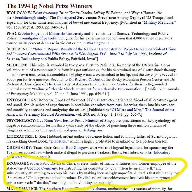1994년 이그노벨상 수상자 홈페이지. 경제학 부문 수상자로 선정된 다빌라의 기가 막힌 업적이 기재돼 있다. ‘다빌라르’라는 단어의 어원도 설명이 돼 있다.