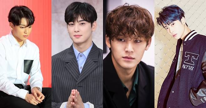 방탄소년단 정국, 아스트로 차은우, 세븐틴 민규, NCT127 재현(왼쪽부터). 경향신문 자료사진