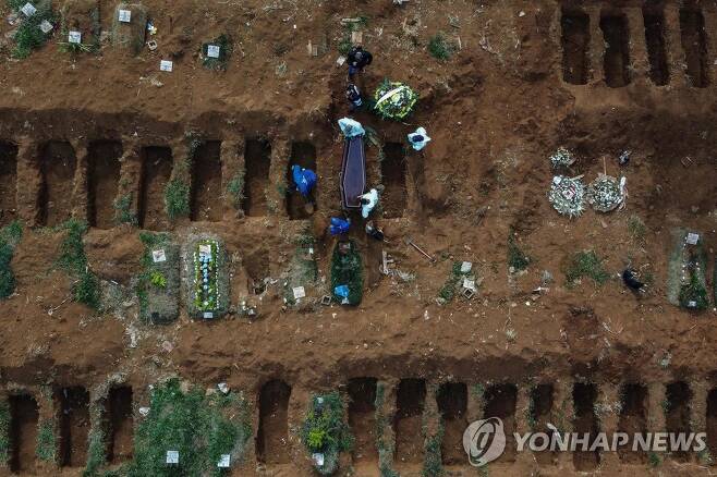 22일(현지시간) 브라질 상파울루의 한 묘지에 코로나19 사망자가 매장되고 있다. [AFP=연합뉴스]
