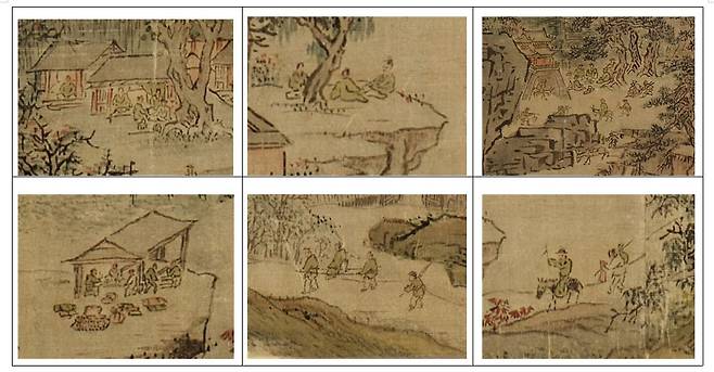 세부 인물들의 모습들. 가마를 타거나 짐을 지거나 모여앉아 쉬고있거나 하는 다양한 인물들이 등장한다.|국립중앙박물관 제공