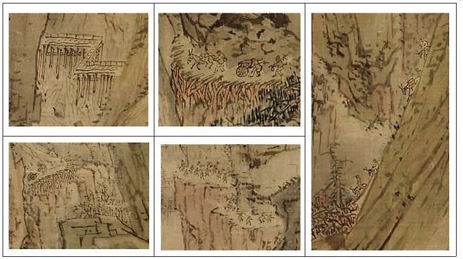 이인문의 ‘강산무진도’에 등장하는 길들. ‘하늘가는 길보다 험준하다’는 중국의 촉지방 가는 잔도(하늘사다리 길) 같은 길도 있다. 하지만 대부분은 촉 지방으로 가는 아슬아슬한 잔도로 표현하지는 않았다. 길이 상대적으로 넓고 편안한 느낌이다. |국립중앙박물관 제공