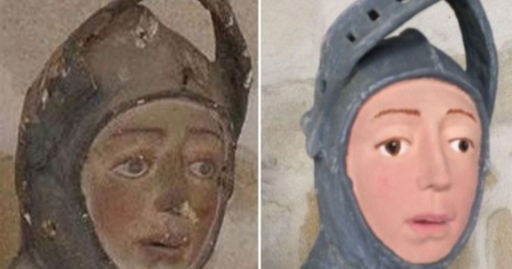 성 조지 목각상 원본(왼쪽)과 복원 후 모습. BBC캡처