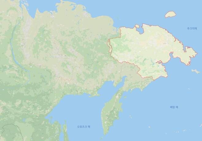 붉은 선으로 표시된 지역이 러시아 극동 추코트카 [구글 지도 캡처. 재배포 및 DB화 금지]
