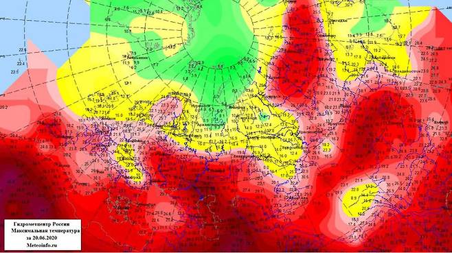 러시아 기상청이 밝힌 지난 20일 북극권 기온 분포도 (사진=러시아 기상청 홈페이지 캡처, 연합뉴스)
