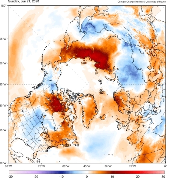 시베이라와 캐나다 일대의 6월 21일 기온을 기준으로 향후 3일간의 기온을 예측한 위성 지도