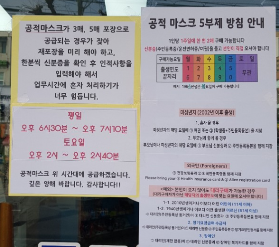 지난 3월 서울 구로구 소재 약국 앞에 붙은 공고문에 공적마스크 5부제에 대해 상세히 설명한 내용이 담겼다.