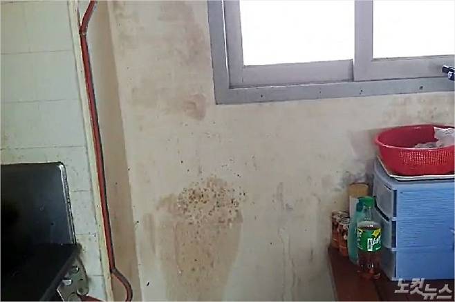 피해자 가족이 사는 아파트 내부 모습. 벽면에 곰팡이가 슬고 벽지가 누렇게 변색된 상태로 오랫동안 방치돼 있다.(사진=고상현 기자)