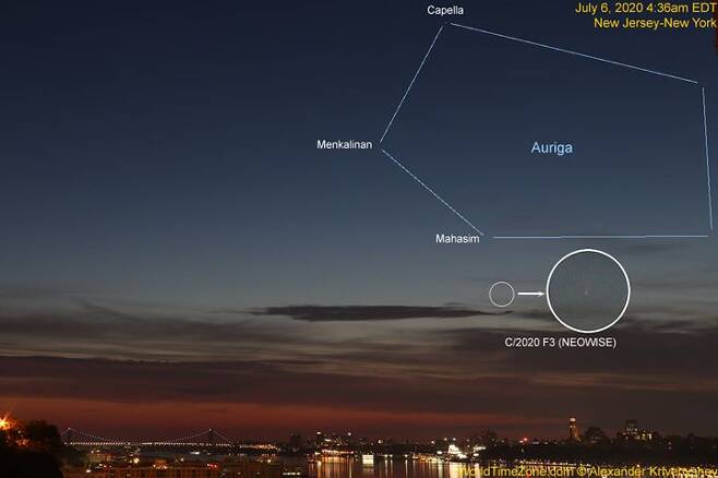 9일 미국 뉴욕 하늘 마차부자리 아래에 나타난 네오와이즈 혜성