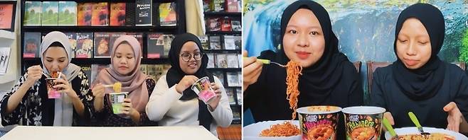 말레이시아 유튜버들이 '대박라면'을 먹는 모습 [사진=신세계푸드 ]
