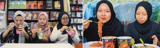 말레이시아인 유튜버들이 ‘대박라면’을 먹고 있다. [사진제공=신세계푸드]