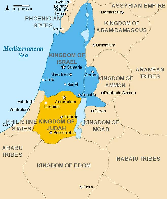 이스라엘왕국(파란색)과 유다왕국(노란색)의 위치를 나타낸 지도(사진=Oldtidens_Israel_&_Judea.svg: FinnWikiNoderivative work: Richardprins / CC BY-SA (https://creativecommons.org/licenses/by-sa/3.0))