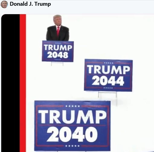 도널드 트럼프 미국 대통령의 대선 선거운동 표지판에 적힌 숫자(연도)가 2040, 2044, 2048로 계속 올라간다. 트럼프 대통령 트위터 동영상 캡처