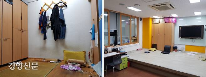 지난해 8월9일 서울대학교 제2공학관 남성 청소노동자가 지하 1층 휴게실(왼쪽 사진)에서 숨졌다. 사고 이후 휴게실(오른쪽 사진)은 지상 7층으로 옮겨졌다. 창문뿐 아니라 냉·난방기기가 설치됐고, 크기도 약 5배 커졌다. 탁지영 기자