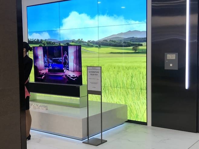 지난 27일 현대백화점 목동점에 전시된 LG 롤러블 TV /사진=박소연 기자