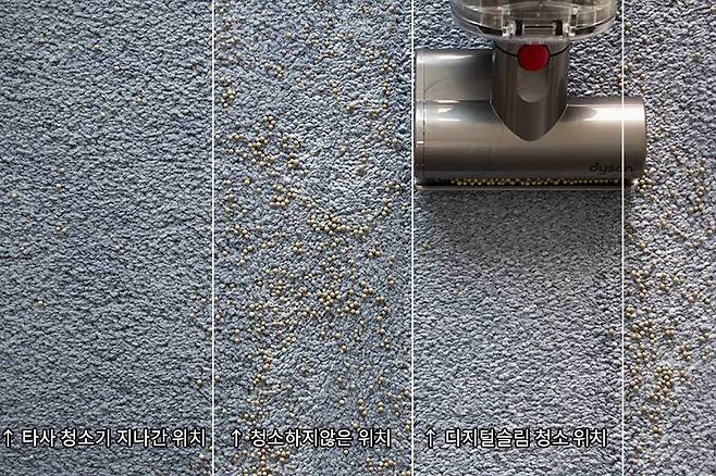 두꺼운 러그에 흡습제를 뿌리고 청소를 시도했다. 좌측은 타사 청소기를 사용했고, 우측이 다이슨 디지털 슬림 플러피 결과다. 출처=IT동아