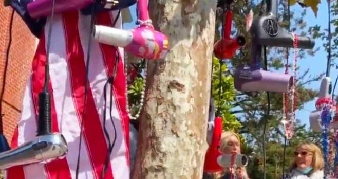 낸시 펠로시 샌프란시스코 자택 앞 나무에 걸린 헤어드라이어 [트위터 갈무리·재판매 및 DB 금지]