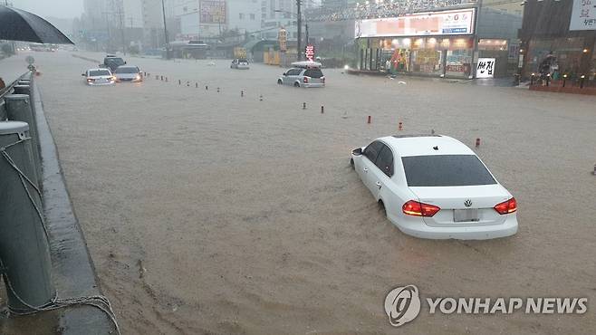 지난달 초 집중호우로 물에 잠긴 천안시 도로 [연합뉴스 자료사진]