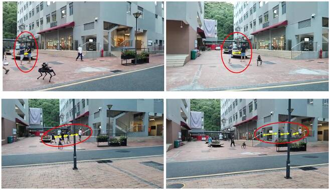 로봇개는 사람들이 모인 곳으로 가서 거리두기를 유도하는 방송을 했다(왼쪽). 로봇의 거리두기 유도를 통해 실제로 밀집도가 감소한 모습(오른쪽)./중국 남방과기대